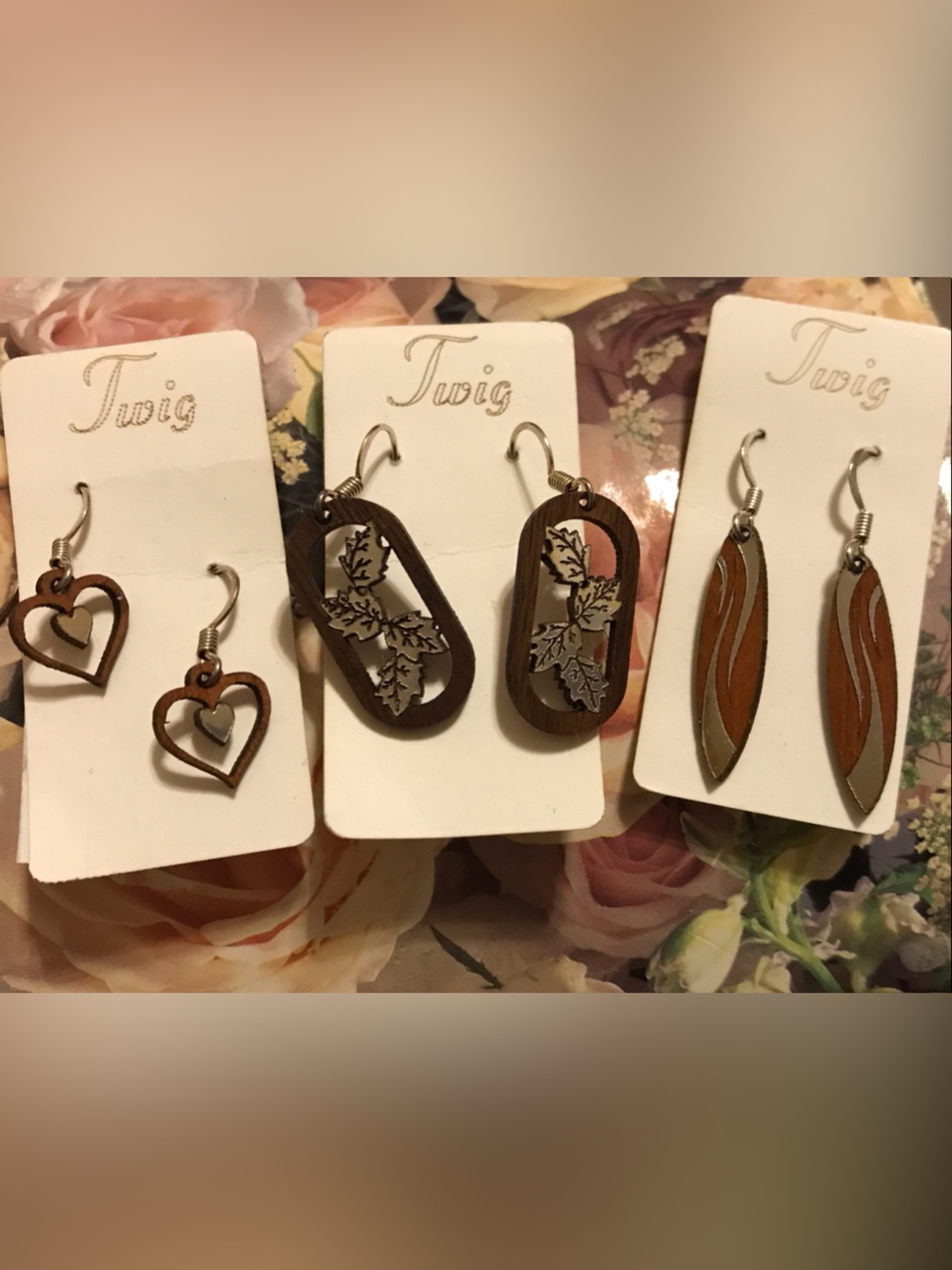 Brown Wood Drop Earrings Collection - Heart, Leaf & Elongated Styles